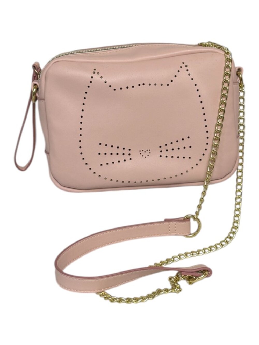 Pink Cat Face Novelty Bag Laser Cut Crossbody Wristlet Gold Chain Crossbody